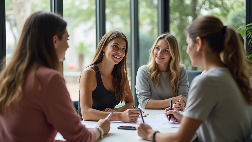 Diverse group of health coaching clients in wellness session, taking notes, discussing nutrition and lifestyle goals, modern 