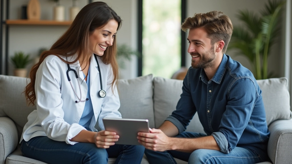 Health coach conducting one-on-one nutrition assessment session with male client, tablet with health data, professional welln