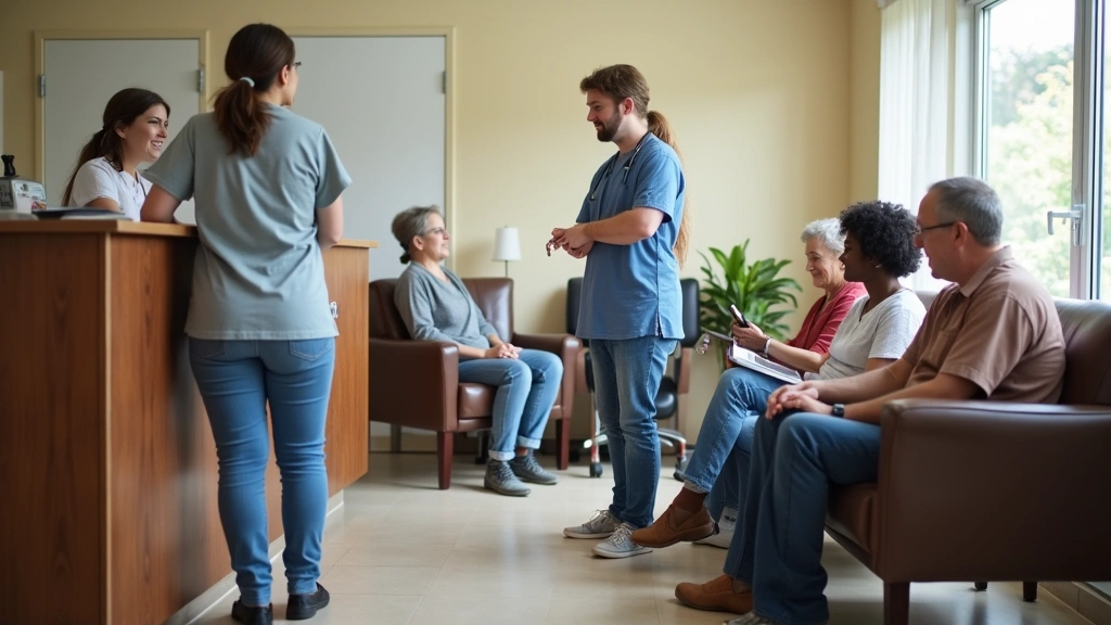 Diverse group of patients in community health center waiting area, some checking in at reception desk, others in comfortable 