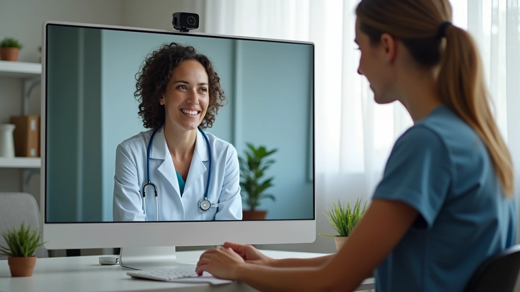 Female telehealth counselor on video call with patient at home, professional medical office background, patient appears engag
