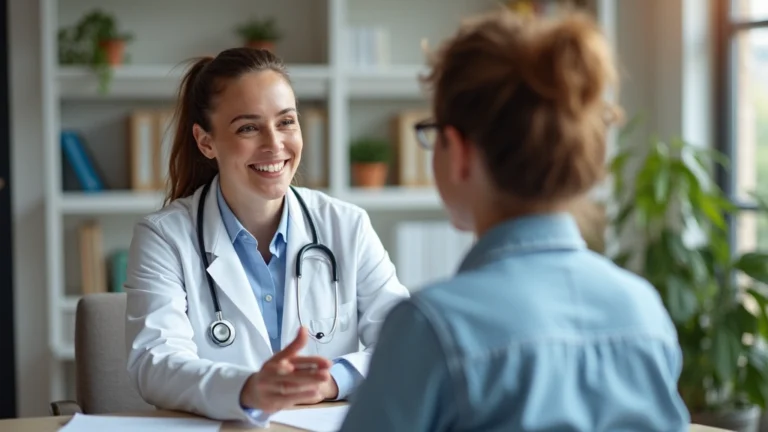 Professional female doctor in white coat conducting wellness consultation with patient in modern medical office, warm lighting, friendly interaction, no text visible