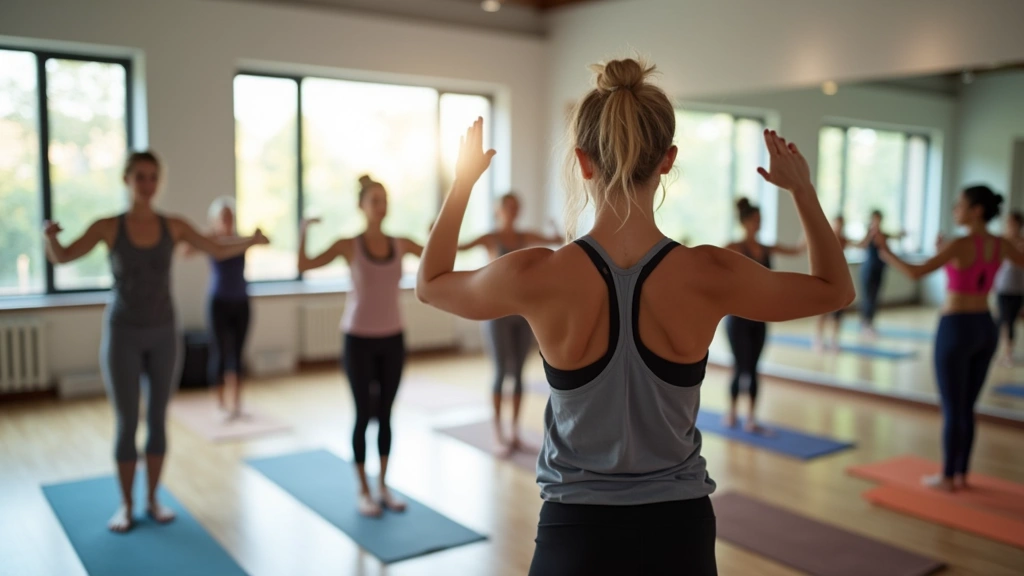 Diverse group of people in fitness studio doing wellness exercises with certified trainer, bright natural lighting, health-fo