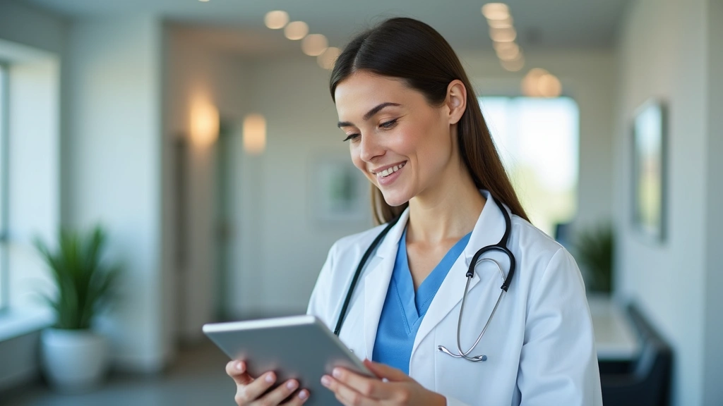 Healthcare provider reviewing patient health records on digital tablet in contemporary wellness clinic, professional medical 