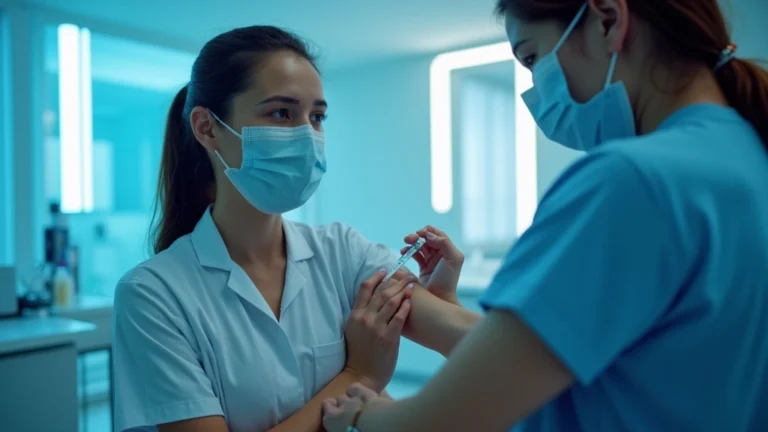 Professional healthcare worker administering vaccine to adult patient in modern clinic setting with blue lighting, clean medical environment, focused clinical care moment