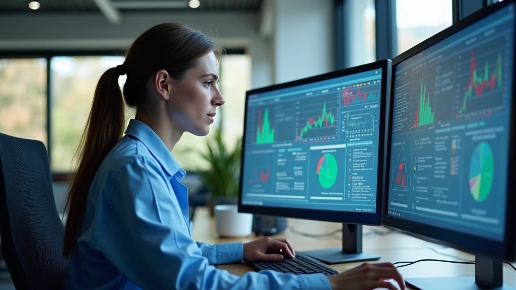 Public health professional reviewing disease surveillance data on computer monitor in modern office, charts and epidemiologic