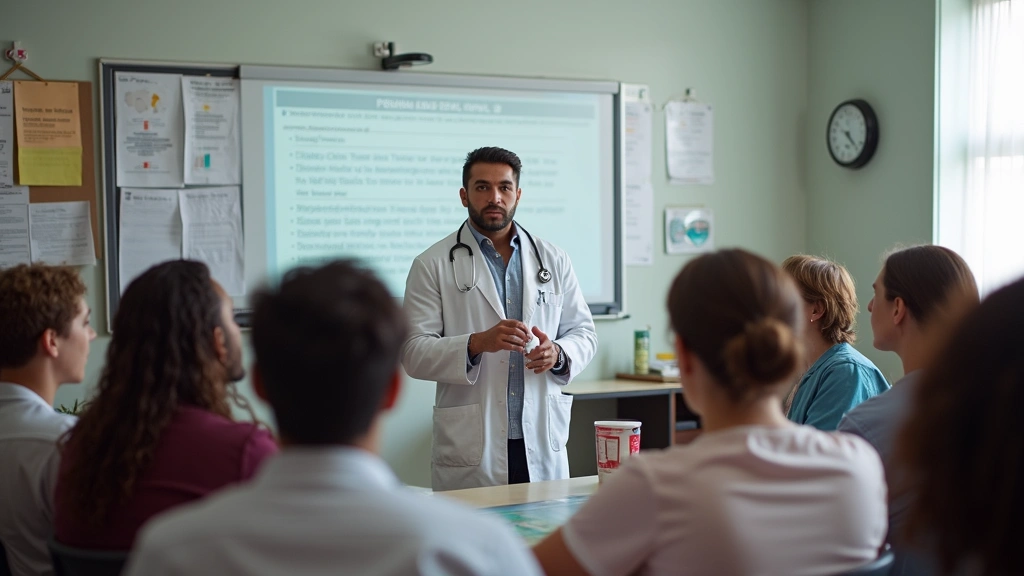 Community health education session with diverse group of residents in public health facility, informative presentation, profe