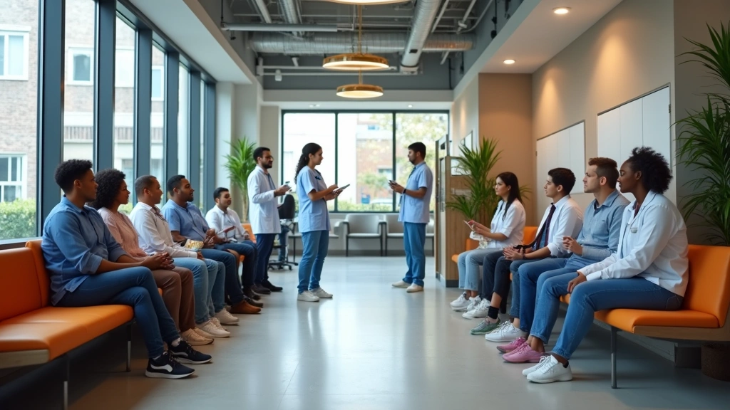 Urban community health clinic waiting room with diverse patients and healthcare staff, modern medical facility in city neighborhood, professional healthcare setting