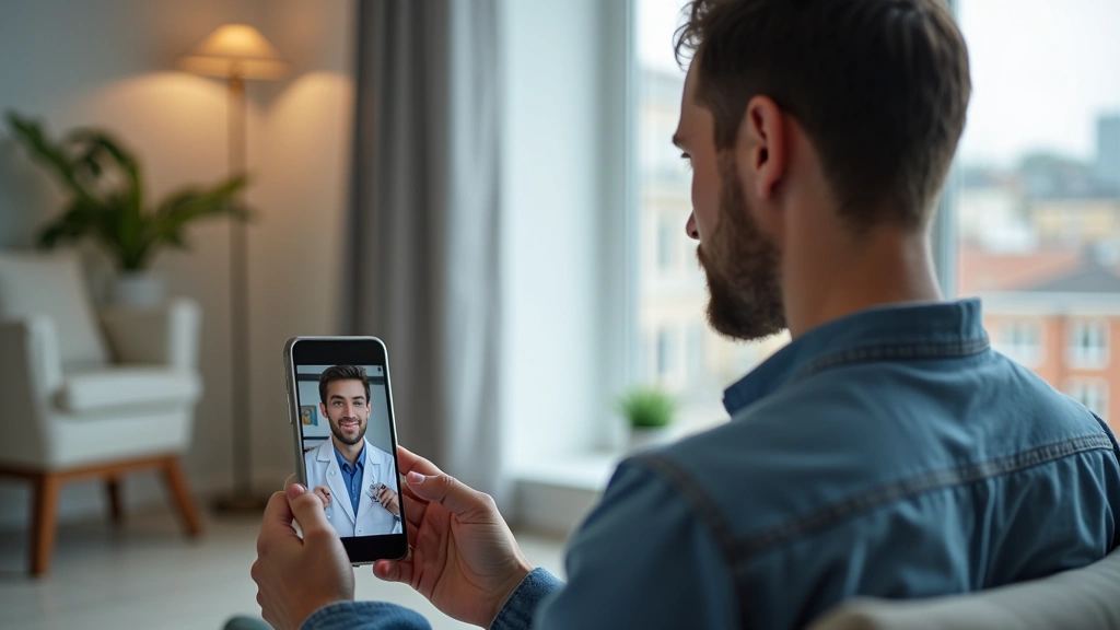Telehealth consultation on smartphone, patient at home receiving remote medical care, urban apartment setting, virtual health