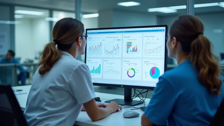 Professional healthcare analytics dashboard displayed on computer monitor in modern medical office with healthcare professionals reviewing data charts