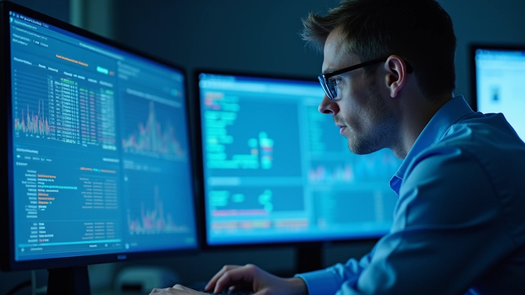 Healthcare data scientist analyzing claims data on multiple screens in healthcare analytics center with blue-tinted lighting 