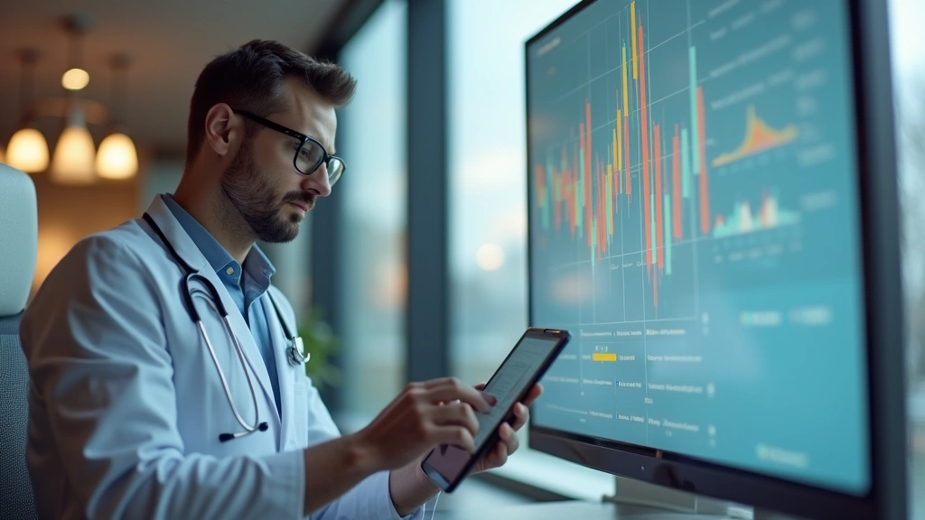 Insurance company executive reviewing provider network performance metrics on tablet in modern corporate healthcare office se