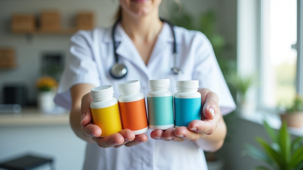 Professional healthcare worker holding colorful wellness bottles and supplements in modern clinic setting with natural lighting