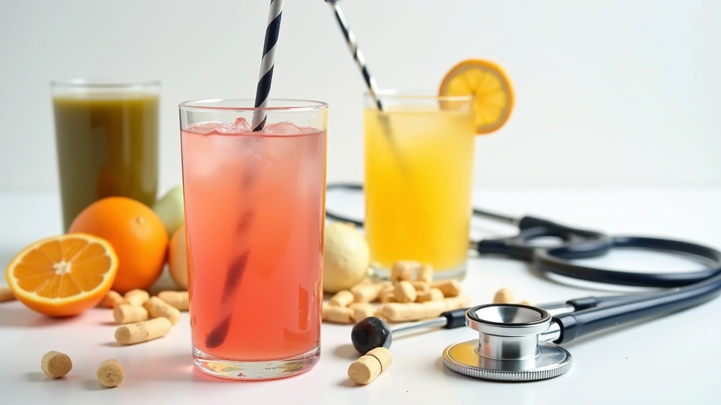 Close-up of various electrolyte drinks and vitamin supplements arranged on white surface with medical stethoscope nearby