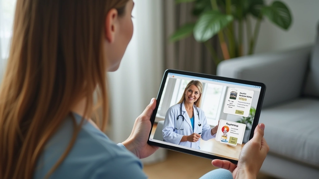 Patient consulting with telehealth doctor on tablet displaying wellness recommendations and supplement information in home of
