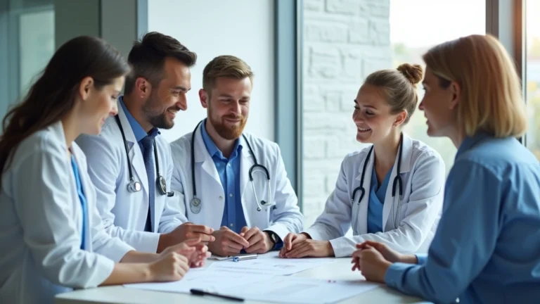 Healthcare team meeting in modern clinical office, diverse medical professionals collaborating around patient chart, bright natural lighting, professional setting