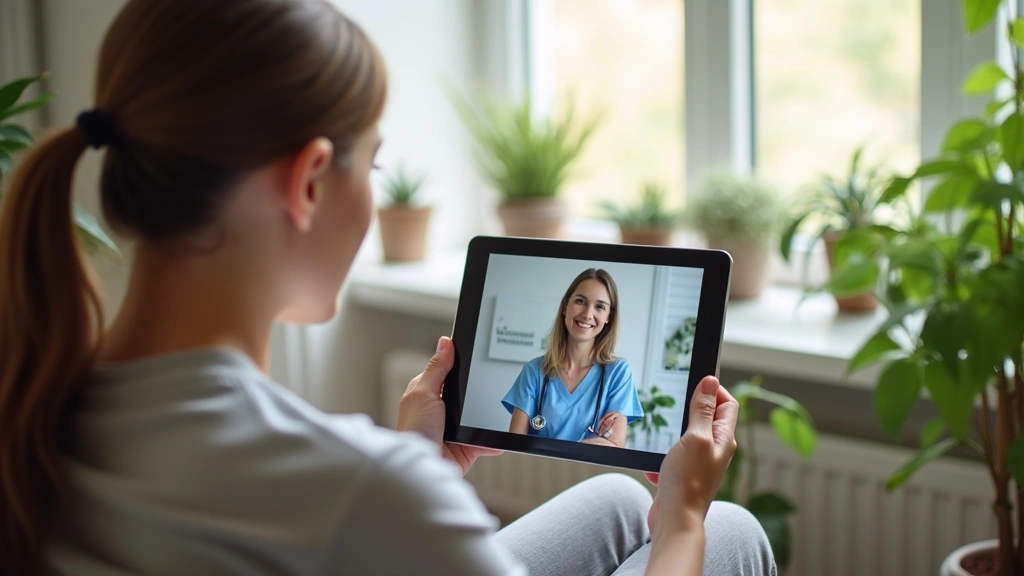 Patient attending virtual telehealth consultation on tablet at home, calm wellness environment with plants, natural lighting 