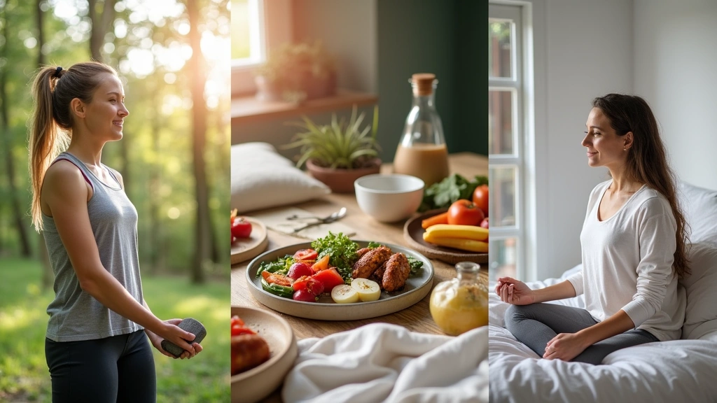 Integrated wellness lifestyle: person exercising outdoors, healthy meal prep, meditation session, sleep environment - split p