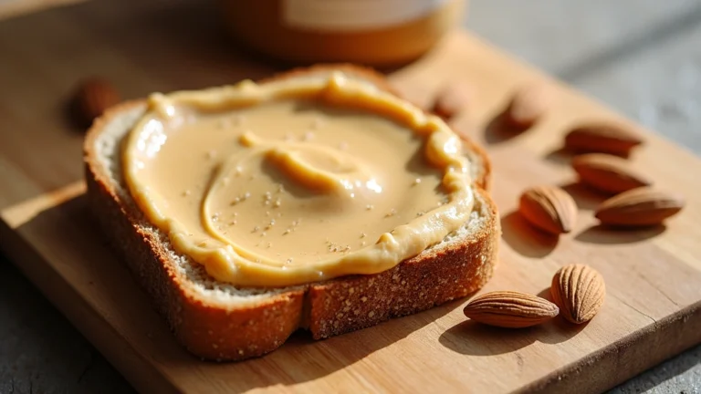 Close-up of creamy almond butter spread on whole grain toast, natural sunlight, wooden cutting board, fresh almonds scattered nearby, professional food photography style