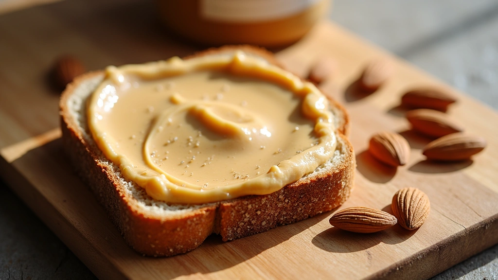 Close-up of creamy almond butter spread on whole grain toast, natural sunlight, wooden cutting board, fresh almonds scattered nearby, professional food photography style