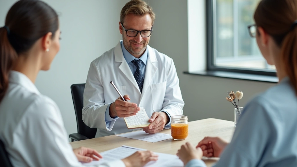Nutritionist reviewing food labels and measuring portions of almond butter in a modern clinical consultation room, profession