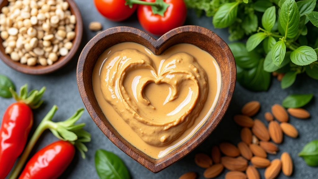 Healthy heart-shaped bowl filled with almond butter, surrounded by fresh vegetables and whole grains, emphasizing cardiovascu