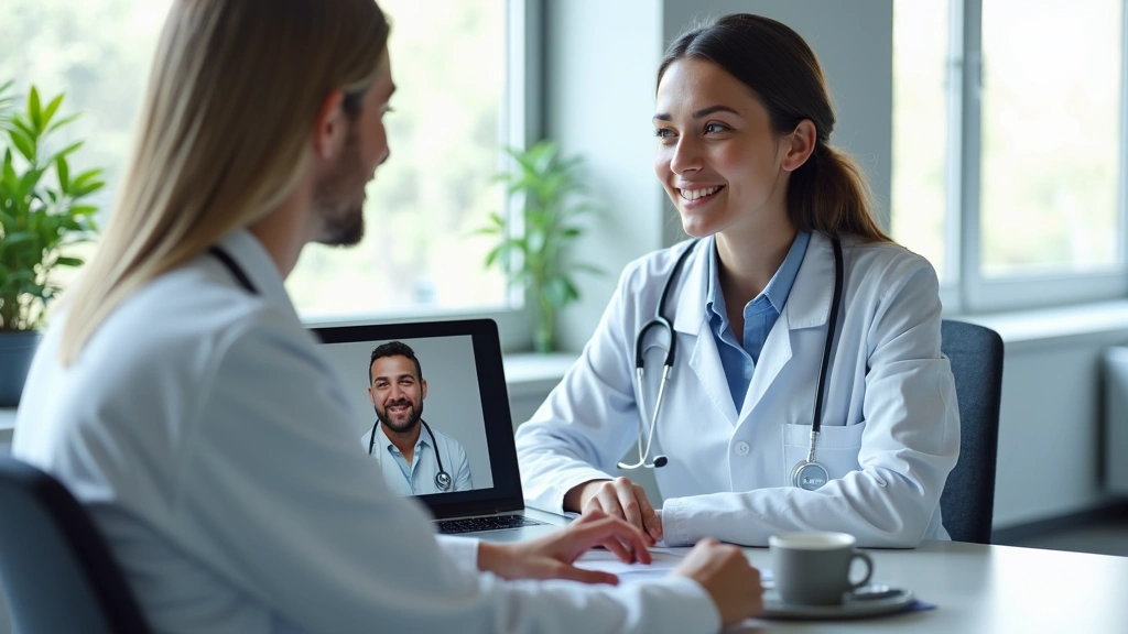Professional healthcare provider in white coat conducting virtual video consultation on laptop with patient visible on screen, modern medical office background, natural lighting