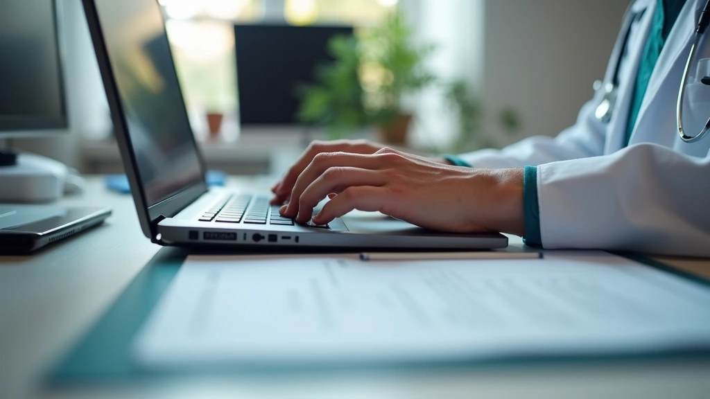 Close-up of hands typing on keyboard with medical license certificate and healthcare credentials visible on desk, professiona