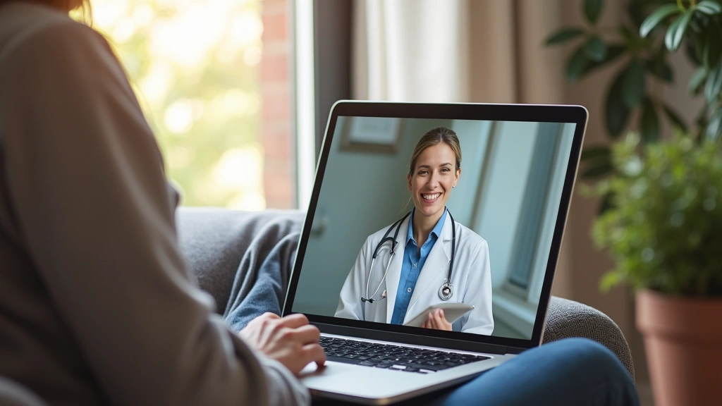 Patient sitting at home during video call with healthcare provider, comfortable home setting, laptop screen showing doctor, n