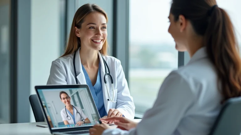 Professional female doctor in white coat conducting a virtual video consultation on laptop with patient, modern medical office background, healthcare technology