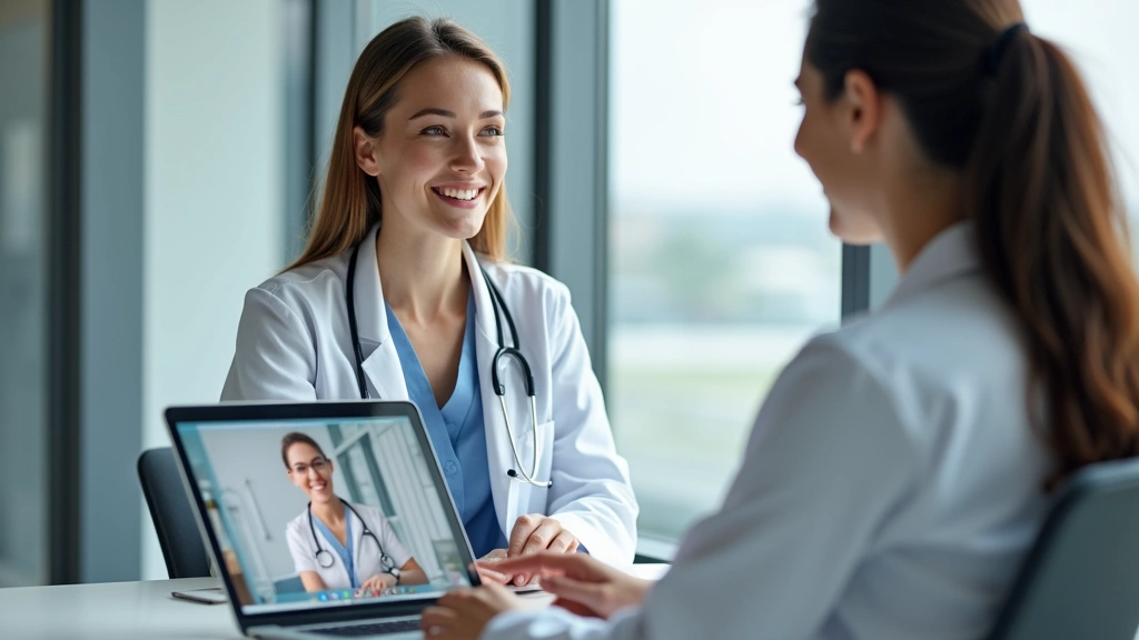 Professional female doctor in white coat conducting a virtual video consultation on laptop with patient, modern medical office background, healthcare technology