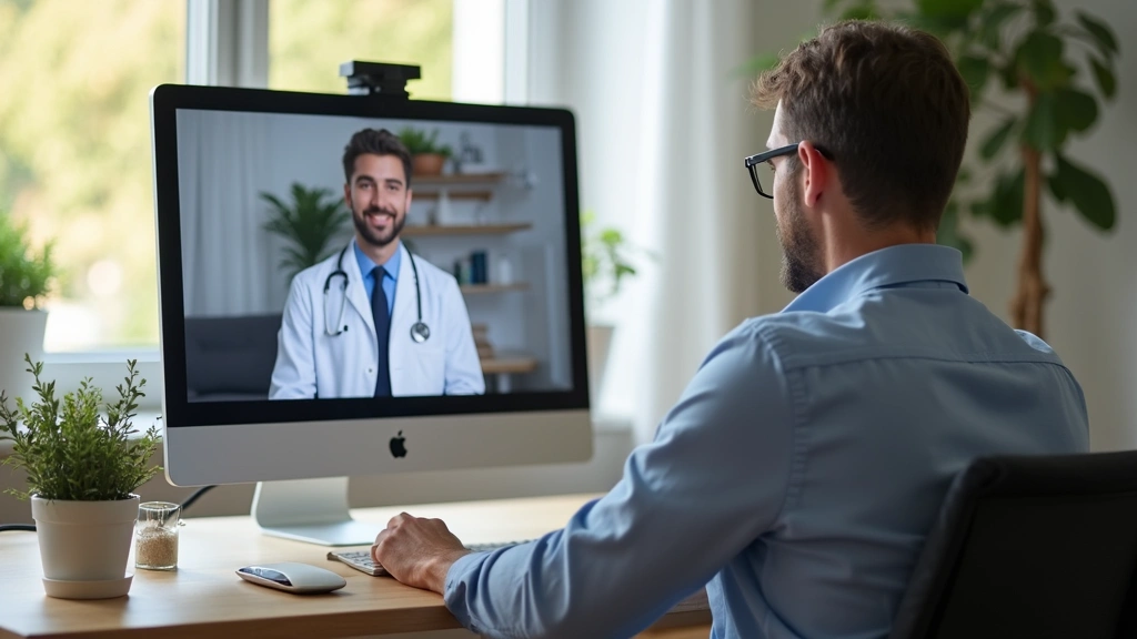 Male patient sitting at home desk during telehealth video call with licensed physician on screen, comfortable home healthcare