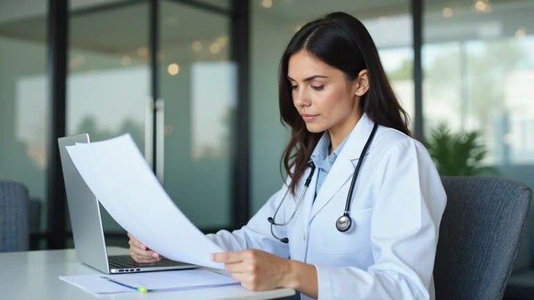Professional healthcare worker reviewing health insurance documents at modern medical office desk with computer and paperwork, natural lighting, focused expression, professional attire