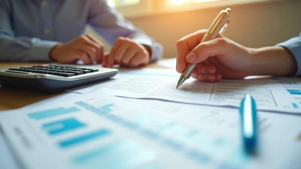 Close-up of person calculating taxes with health insurance forms, calculator, and documents spread on desk, warm office light