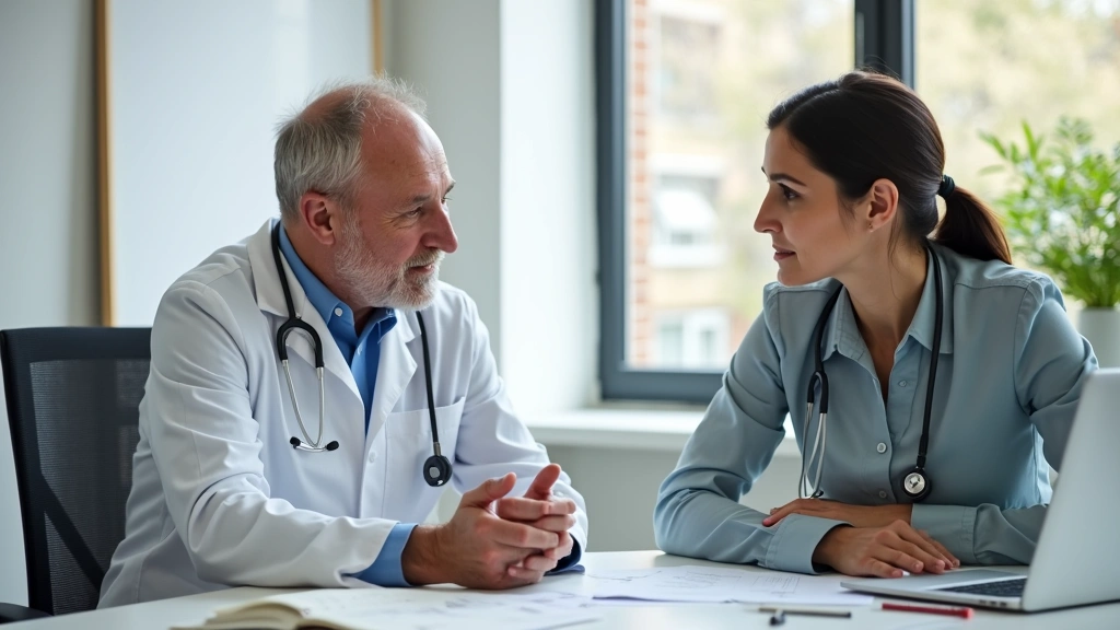 Tax professional consulting with client about medical deductions, both seated at desk with laptop and tax forms visible, prof