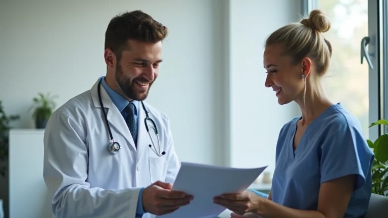 Healthcare professional reviewing medical documents with patient in modern clinic office setting