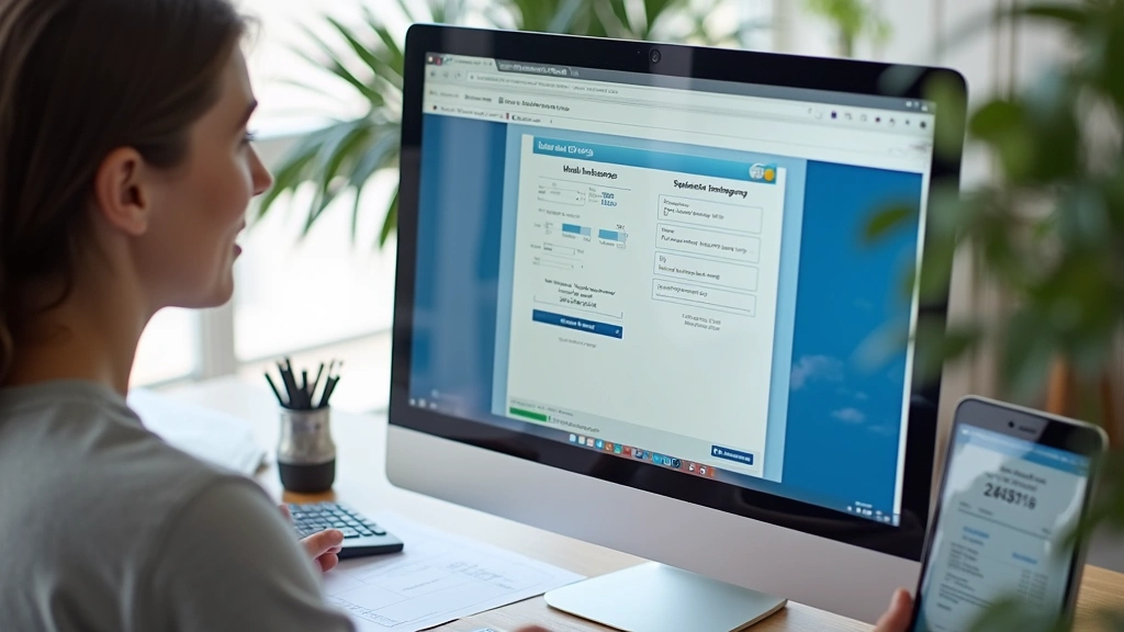 Person reviewing health insurance options on computer screen with calculator and documents