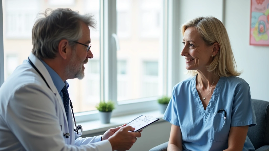 Doctor consulting with patient about medical treatment options and insurance coverage in examination room