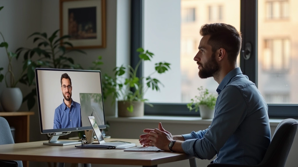Professional male patient having telehealth video consultation with male therapist on laptop in modern home office setting, calm supportive atmosphere