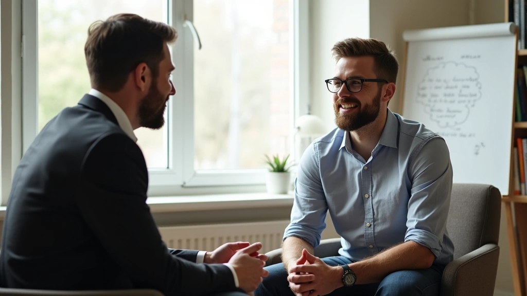 Male counselor and male client in therapy session, comfortable clinical office with natural lighting, engaged conversation de