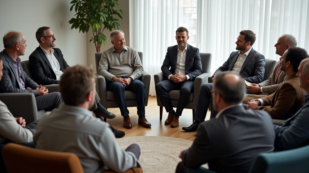 Diverse group of men in support group circle, sitting in comfortable chairs, engaged listening and sharing, professional well