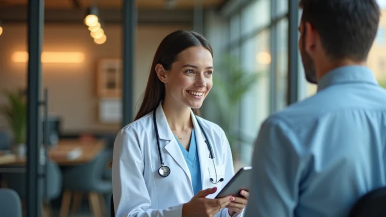 Professional female doctor in white coat having virtual consultation on tablet with patient, modern clinic office background, warm lighting