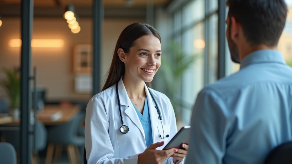 Professional female doctor in white coat having virtual consultation on tablet with patient, modern clinic office background, warm lighting