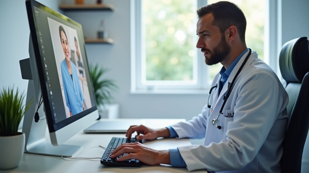 Healthcare provider typing on computer during telehealth appointment, secure medical office environment, professional medical