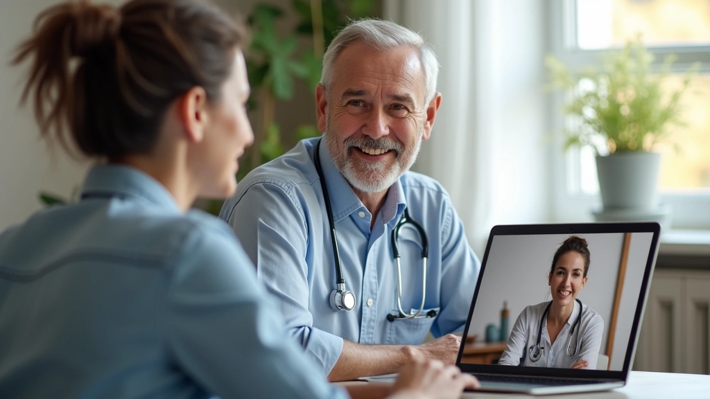 Diverse patient smiling during video call with healthcare provider on laptop, comfortable home setting, natural daylight