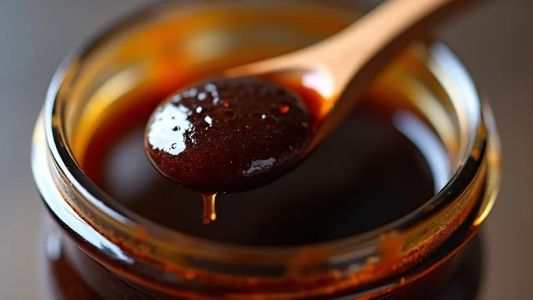 Close-up of dark molasses in a glass jar with a wooden spoon, showing rich brown color and thick consistency, professional kitchen lighting