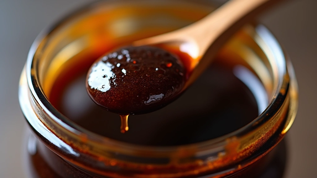 Close-up of dark molasses in a glass jar with a wooden spoon, showing rich brown color and thick consistency, professional kitchen lighting