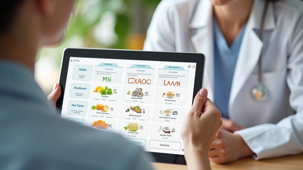 Nutritionist reviewing dietary chart with patient on tablet showing mineral content and sugar levels in different sweeteners