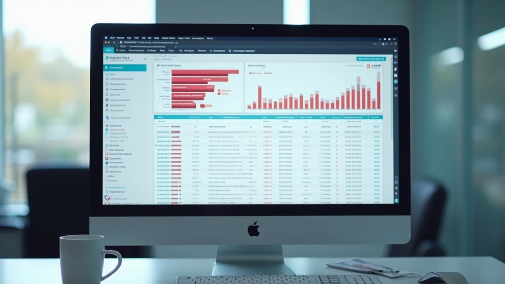 Blood test results display on medical computer screen with iron and hemoglobin levels, healthcare clinic background