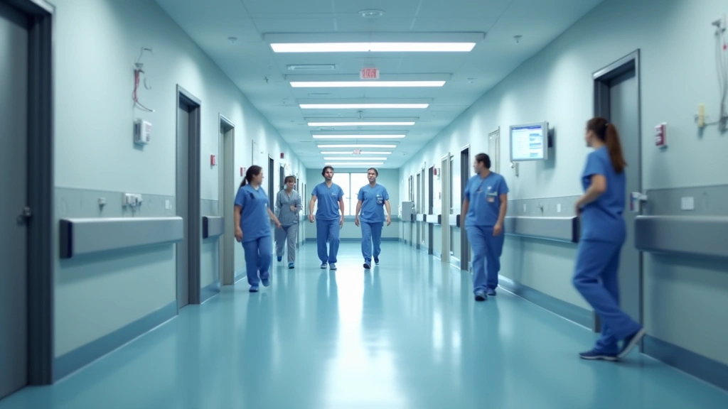 Modern hospital corridor with medical staff in scrubs walking past patient rooms, bright fluorescent lighting, clean contemporary healthcare facility interior, professional medical environment