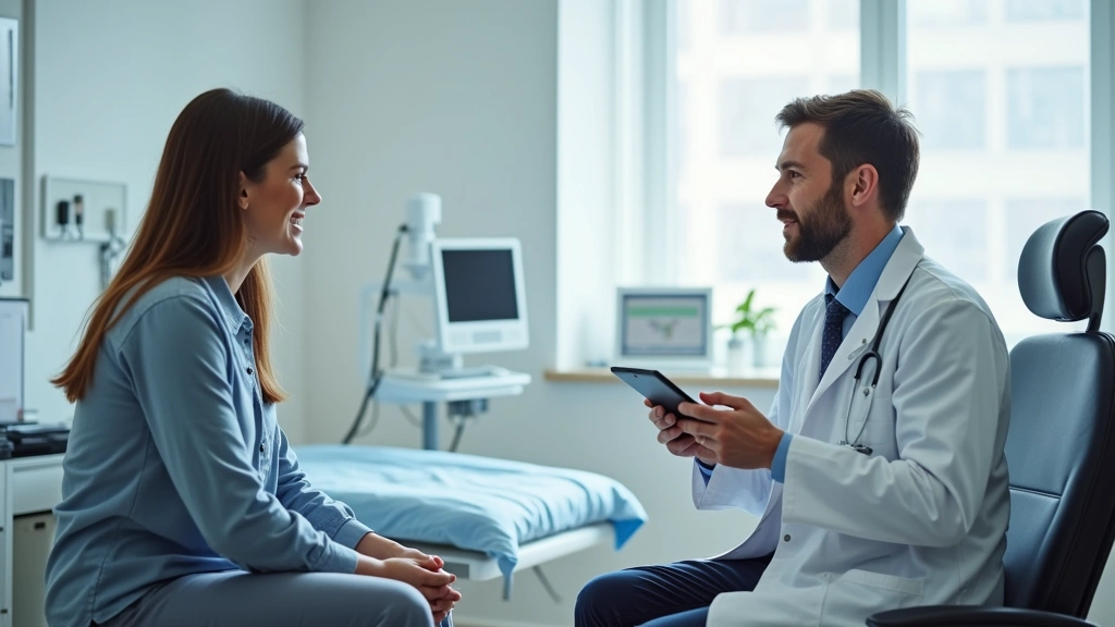 Doctor in white coat using tablet computer in clinic examination room, patient sitting on medical exam table, modern medical 